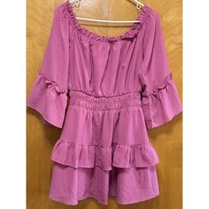 Le Lis Womens Off Shoulder Tiered‎ Dress Smocked Waist Flare Sleeve Lined Pink M